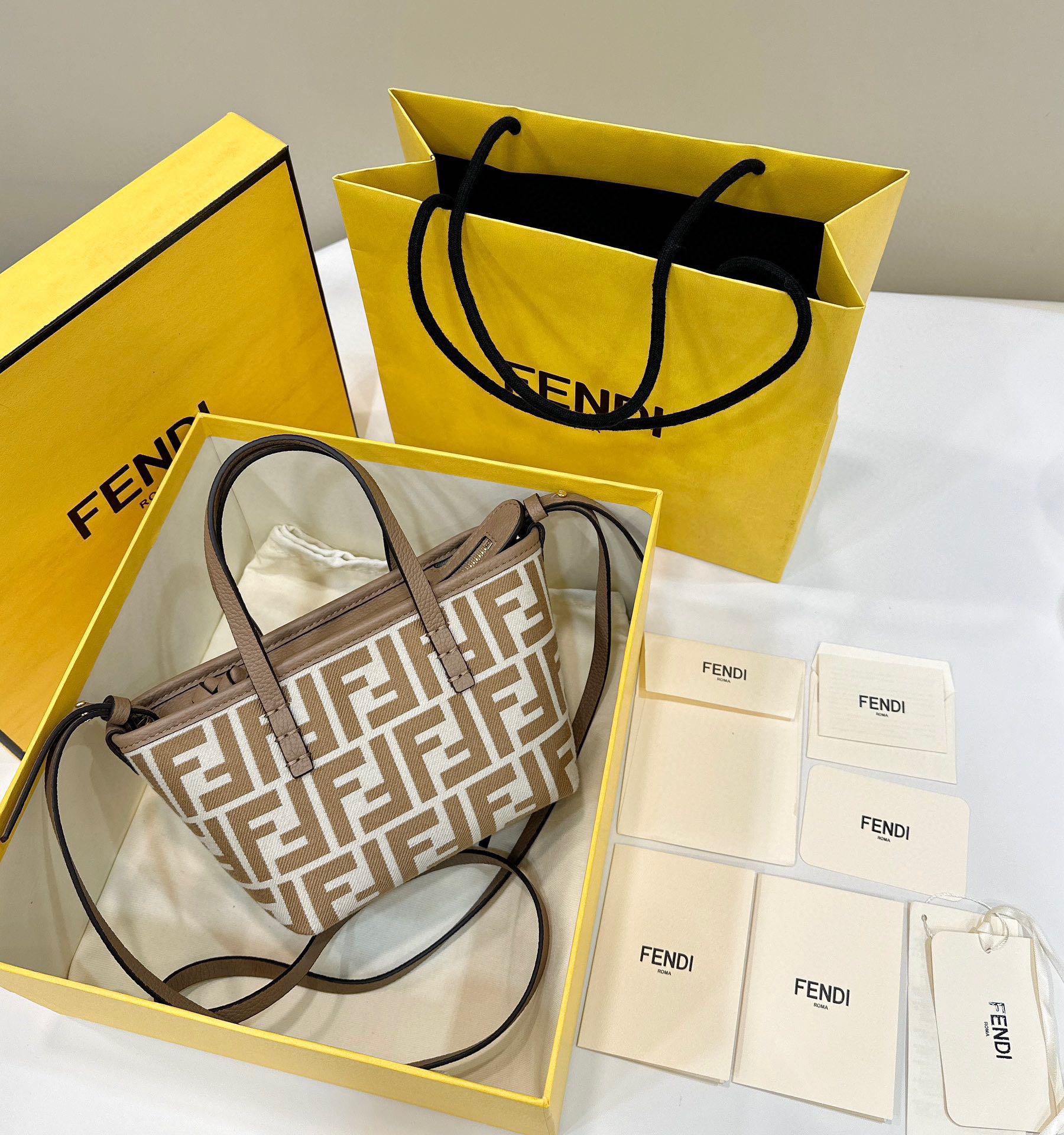 Fendi Mini Roll FF Jacquard Fabric Shoulder Bag Beige